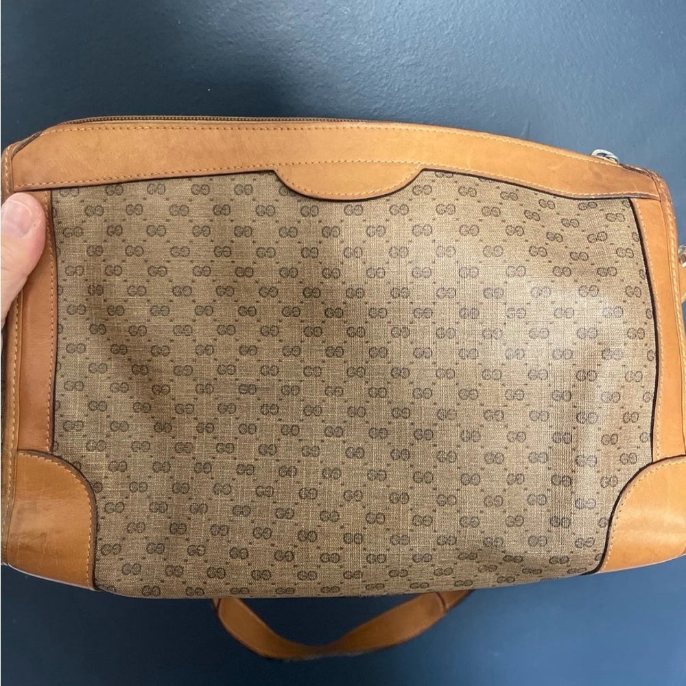 Vintage Gucci GG Monogram Shoulder Bag Brown Canvas Leather Trim Authentic - Picture 2 of 14